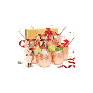 Pure Copper Moscow Mule Brass Handle Barrel Mugs Set of 8 (16oz) with 8 Straws Jigger Gift Set