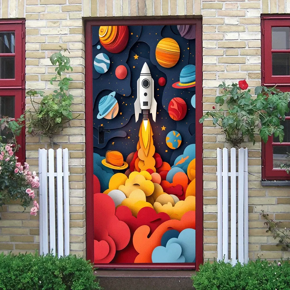 2pcs   Kids Space Theme Design Wall Stickers Rocket Planet Decals Removable Cartoon Universe Starry Sky Wall Decor for Boys Bedroom Nursery Classroom Kids Room Decoration Self Adhesive Wall Art Murals Decorative Sticker  Col