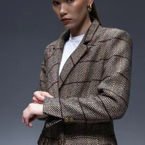 Pinnacle Garments Double Breasted Herringbone Beige Classic Blazer – Wool Tweed Oversized Fit jacket Womenswear Long Sleeve Chic