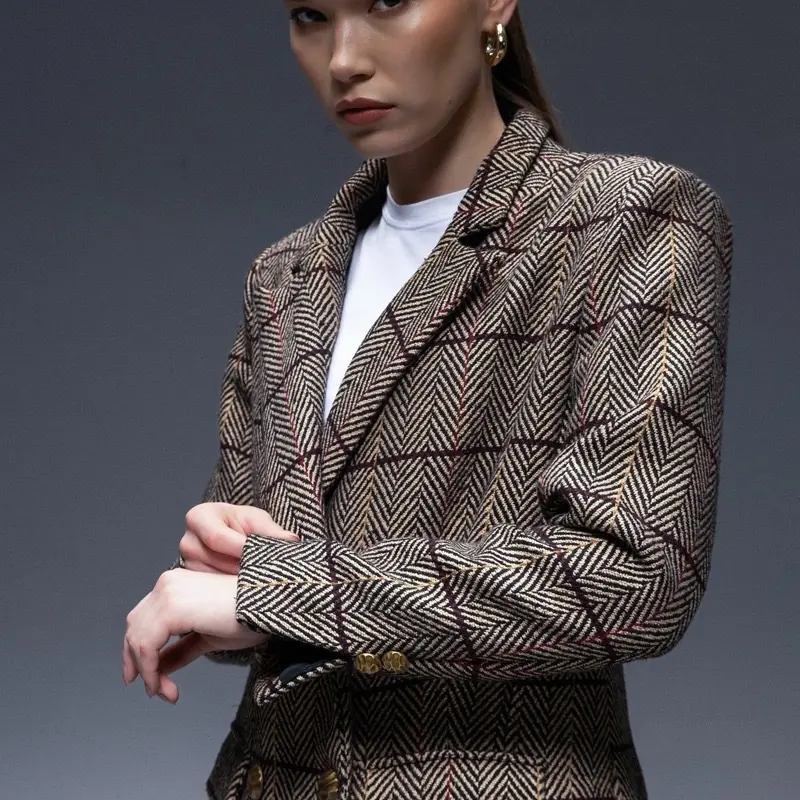 Pinnacle Garments Double Breasted Herringbone Beige Classic Blazer – Wool Tweed Oversized Fit jacket Womenswear Long Sleeve Chic