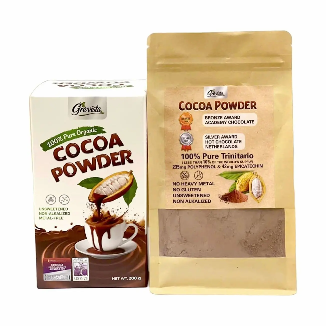 Grevista 100% Pure Cocoa Powder – Unmistakably Premium Quality | Bronze & Silver Medal-Winning | High flavanol | Organic, Unsweetened, Non Alkalized, No Heavy Metal, cacao powder for coffee