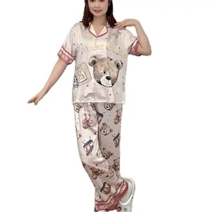 One size: ( 100-141lbs ). Latin Silk Short Sleeve Long Pants Pajamas Set with Cutie Bear Patterns for Women - Loungewear and Nightwear, Pjs, Homewear, Comfort