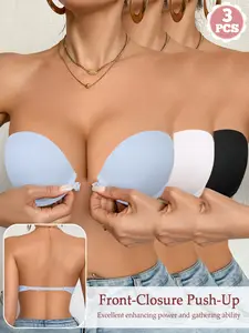 3PCS Women’s Front Closure Strapless Push-Up Bra Seamless Invisible Non‑slip Underwire Lift T-shirt Bra Breathable Detachable Straps  for Backless off-shoulder Dresses Daily wear