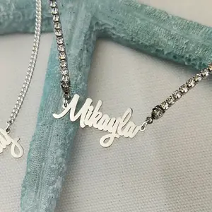Custom Name Necklace with tennis CZ Chain - Elegant Design, Adjustable Length, Unique Charms, Silver Finish