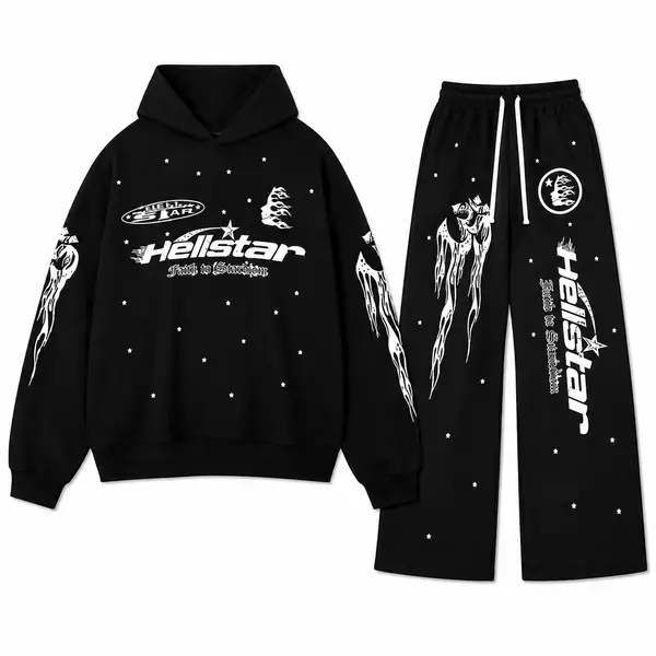 Hellstar Flame Hoodie & Sweatpants Set, Unisex Oversized Streetwear Outfit for Men & Women, Everyday Casual Wear