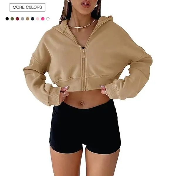 Danedvi Women's Chic Long-Sleeve Cotton Cropped Zip-Up Hoodie Sweatshirt - Soft, Fashionable, Ribbed Elastic Solid Style Top with Fit Options, Comfy Loose Casual Wear for Pairing with Tank Tops, Joggers, Tops For Women