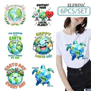 6 Pcs Earth Day Heat Transfer Vinyl Patches for DIY T Shirt Jeans Backpack Family Clothing Hats Crafts Decoration Iron on Stickers