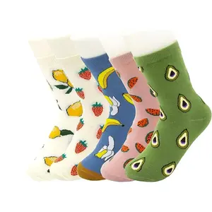 5 Pairs Cute Patterned Socks Warm Crew Socks,Cartoon Fruit Pattern Socks, Mid Length Socks for Women, Autumn and Winter Socks