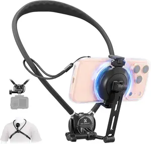 Neck Phone Holder Mount 2-in-1 Magnetic & Clip-on POV with Rotation for iPhone & Android - Alloy, Aluminium, Hands-Free Design, Immersive POV, One-Touch Attachment, Air Cushion, Adjustable Chest Strap