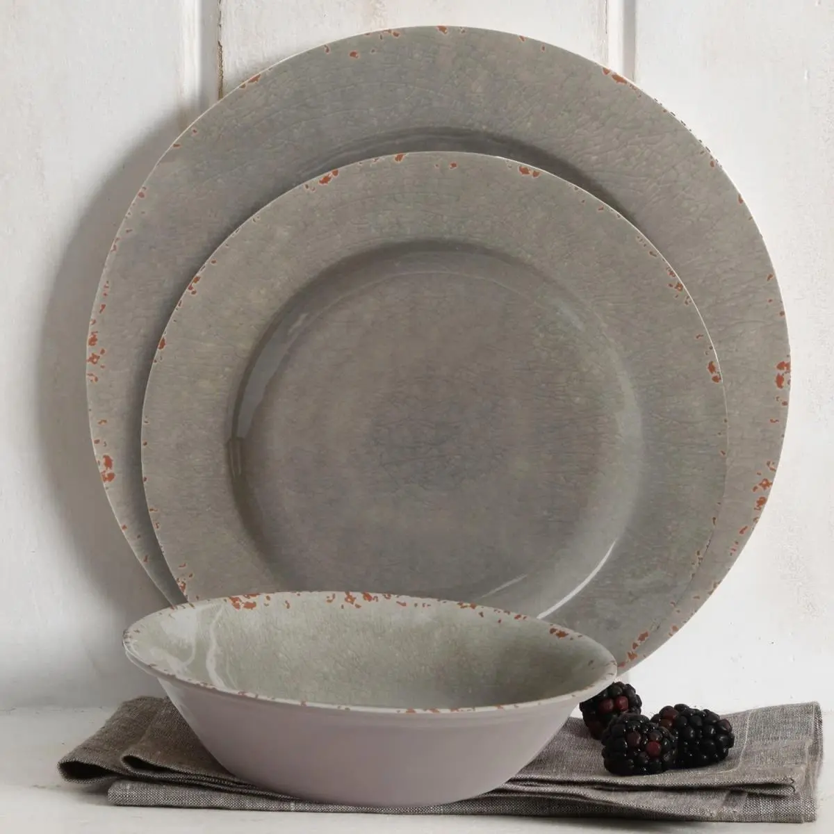 Gibson 12-Piece Grey Crackled Melamine Tableware Set - Stylish, Dishwasher Top Rack Safe, Chip Resistant Dinnerware Plates for Indoor Home Dining