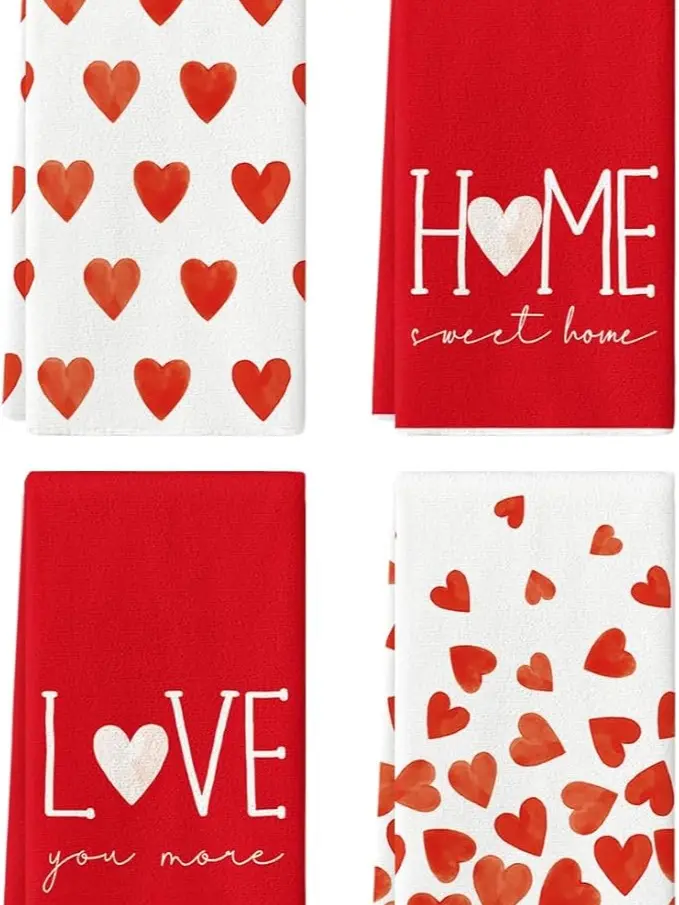 Red Heart Love Valentine's Day Kitchen Towels Dish Towels Set of 4 - 18x26 Inch Farmhouse Anniversary Wedding Decoration Hand Towels