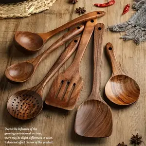 6-Piece Wooden Kitchen Spoons Set, Smooth Finish Yew Wood Utensils, Soft Touch Comfort Cooking Spoons, Non-Stick Easy Clean Heat Resistant Scratch-Resistant, Kitchen Cooking Accessories