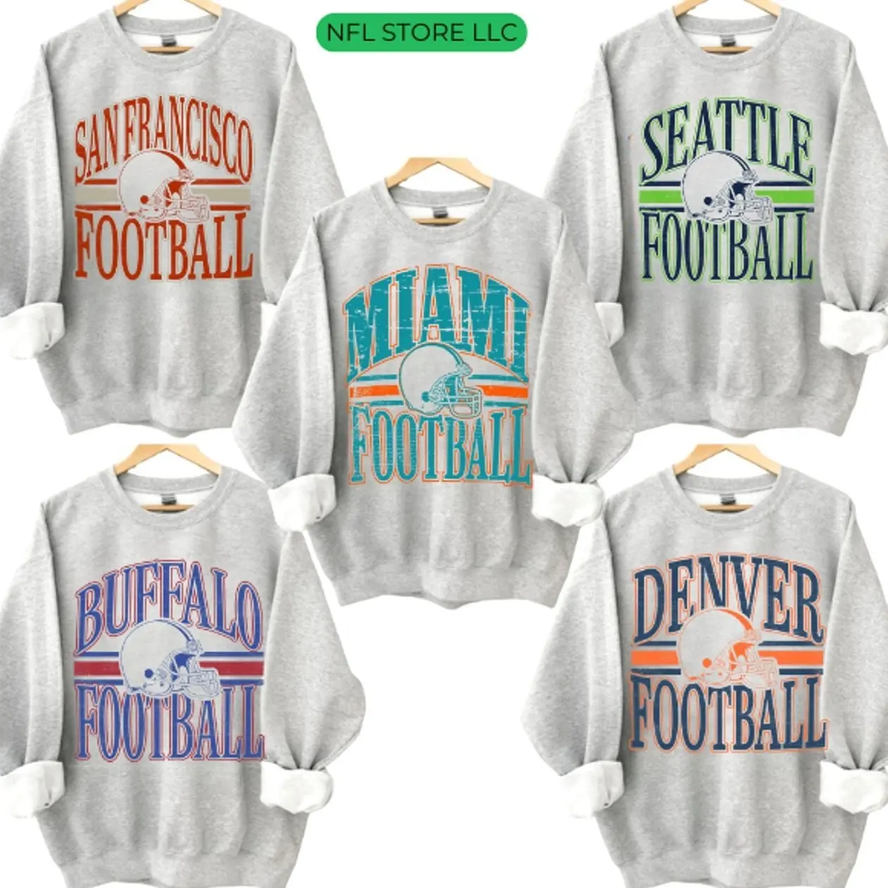 Football Sweatshirt, All Team Football Sports, Retro Football Tees Team Sport Grey Colors, Cotton Shirt In Sport Grey Color, Gift Shirt For Fan Favorite Football Team For Men & Women  HY