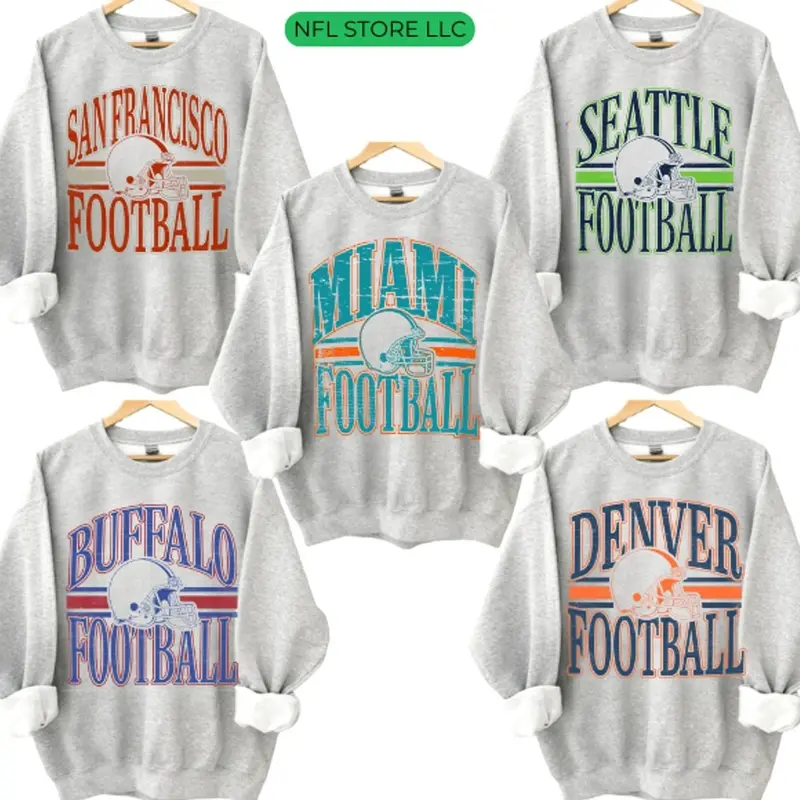 Football Sweatshirt, All Team Football Sports, Retro Football Tees Team Sport Grey Colors, Cotton Shirt In Sport Grey Color, Gift Shirt For Fan Favorite Football Team For Men & Women  HY