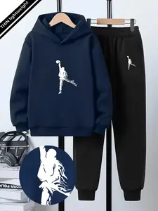 Teen Boys Spring Fall Thin Hoodie Set, Fashionable Basketball Dunk Silhouette Print, Casual Fitted Long Pullover, Sporty Style