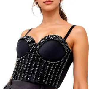Sabina Top - PEARL EMBELLISHED BRA-CUP & CORSET TANK CROP TOP - Pearl & Rhinestone embellished - Corset & Bra cup - Tank & Crop body - 95% POLYESTER / 5% SPANDEX
