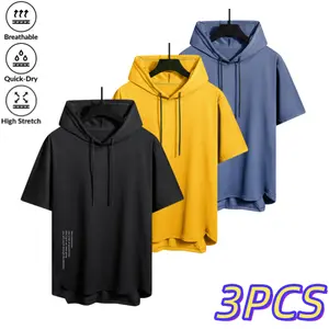 Men’s three-pack hooded short-sleeve T-shirts, trendy casual athletic style, breathable quick-dry, highly elastic, skin-friendly, drawstring hood, curved hem; versatile tops for gym, commuting, and home wear. fathersdaygift