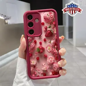 Strawberry and Pink Moonflower Advanced fashion gift Case for Samsung S24 ultra plus S25 S23 S22 Ultra Plus Shockproof Non Slip Military-Grade Protection Silicone Cover