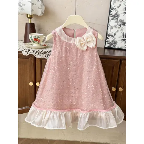 (New) Toddler Girls' 100% Nylon Sparkly Solid Colored Sleeveless Tulle Sequin Dress - Bow Detail, Casual Extra-Large Skirt Hem, Summer Princess Party Gown, Valentine's Day Gift (Size 11), Hand-Wash Simple, No Dry Clean