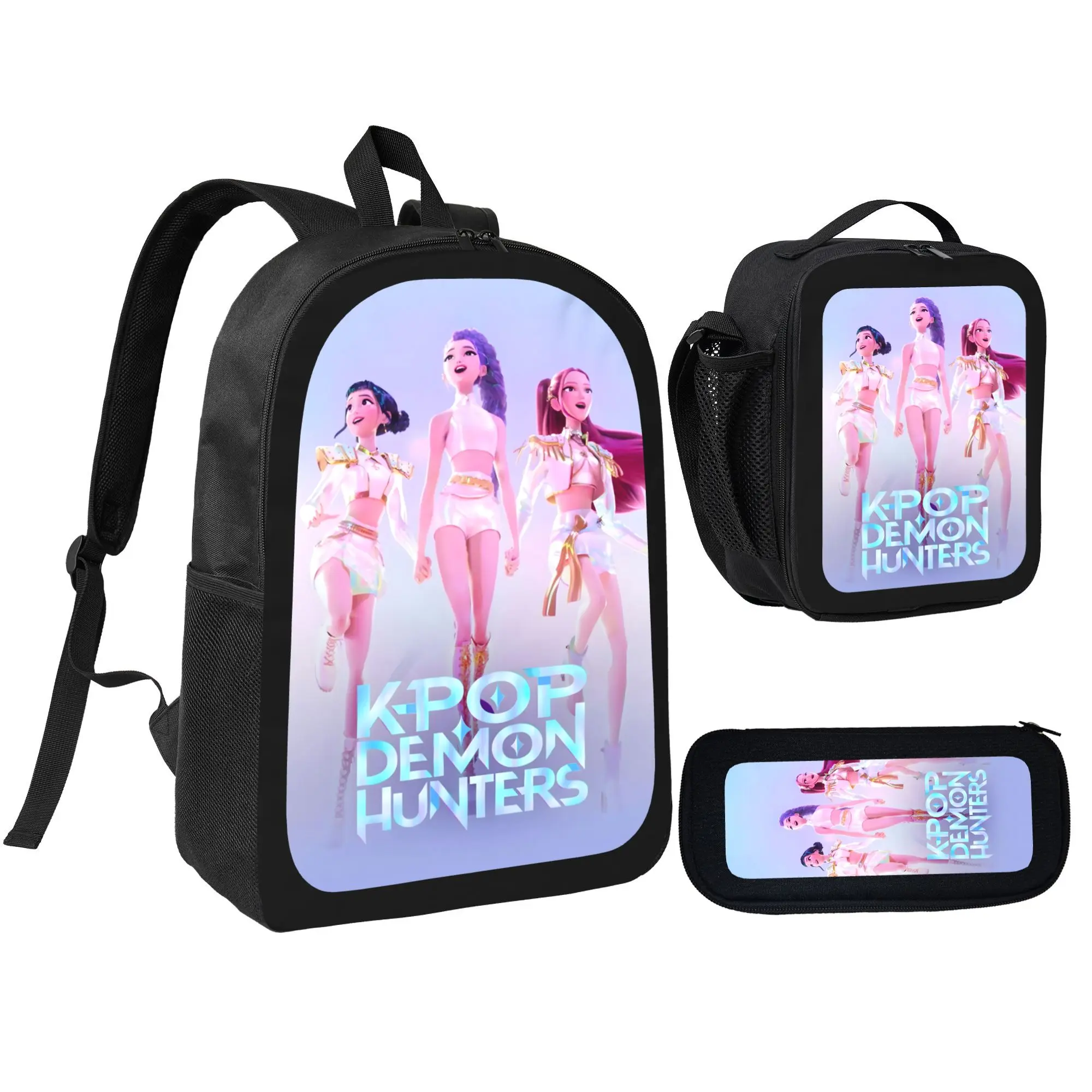 K-pop Demon Hunters Backpack 3-Piece Set for School Teens, Girls Graphic Bookbag with Insulated Lunch Bag & Pencil Case, Durable Aesthetic Travel Daypack