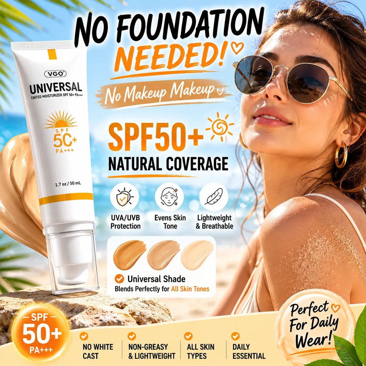 VGO SPF50+ Tinted Moisturizer Sunscreen, Lightweight Skin Tint with Buildable Coverage, Facial Sunscreen Foundation Hybrid, No White Cast, Broad Spectrum UV Protection for All Skin Tones