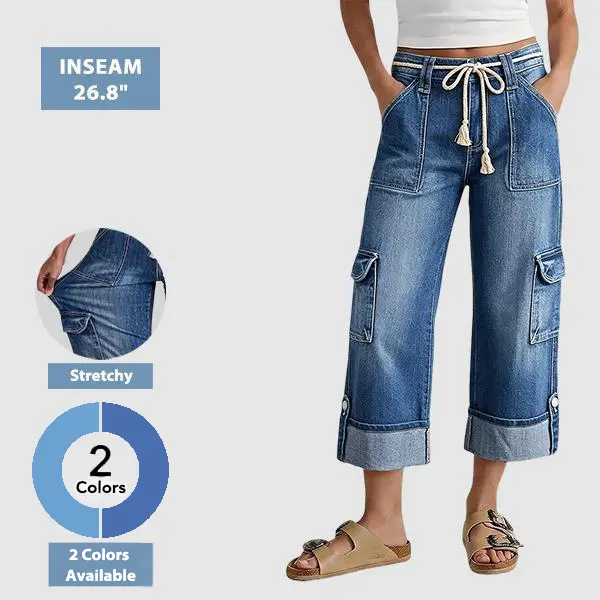 Flamingals Drawstring Flap Pocket Roll Hem High Waist Straight Leg Crop Jeans