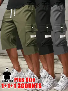 Men’s solid-color cargo shorts, 3-pack loose fit with drawstring waist and pockets, suitable for everyday casual wear; multifunctional, comfortable and well-fitting, ideal for work and leisure activities across various occasions.