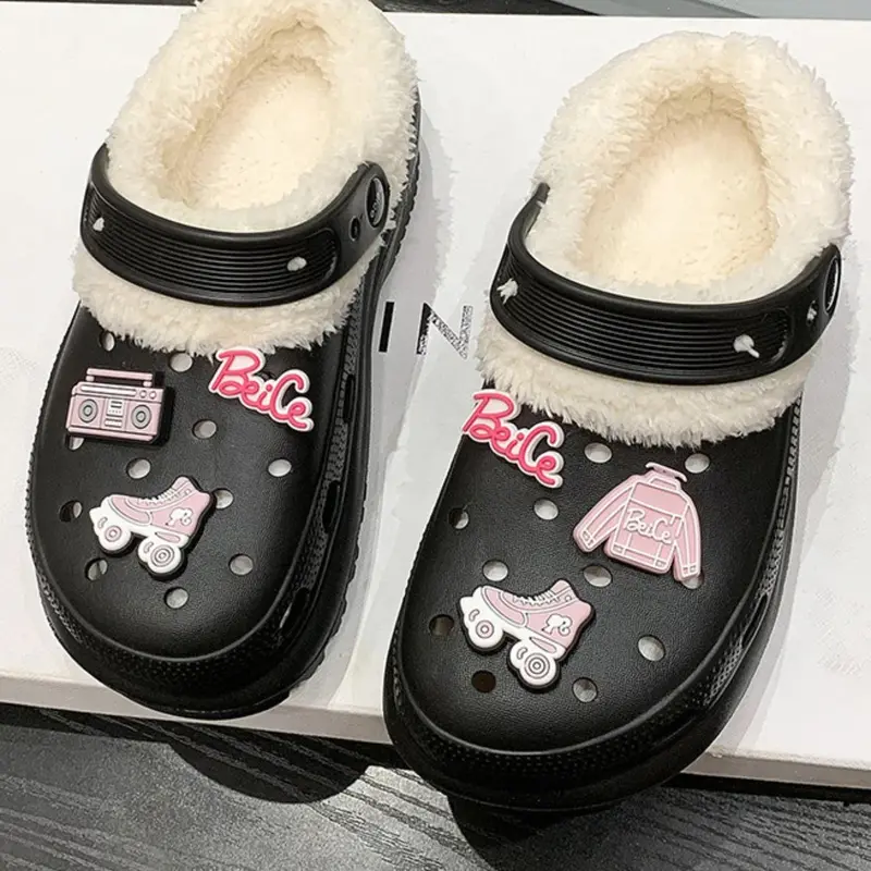 Women's Cotton Holes Shoes, Winter Warm Fashion Holes Shoes, Cute Anti-Slip Height Increase Cotton Slippers, Cartoon Style, Less Than Ankle, Fashionable Home Slippers