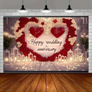 1pc Romantic Heart-Shaped Wedding Anniversary Backdrop Banner - Polyester Fabric with "Happy Wedding Anniversary" Text, Red Roses & White Lace Detailing, Perfect for Indoor/Outdoor Party Decor, Photo Booth Studio, and Anniversary Celebrations,