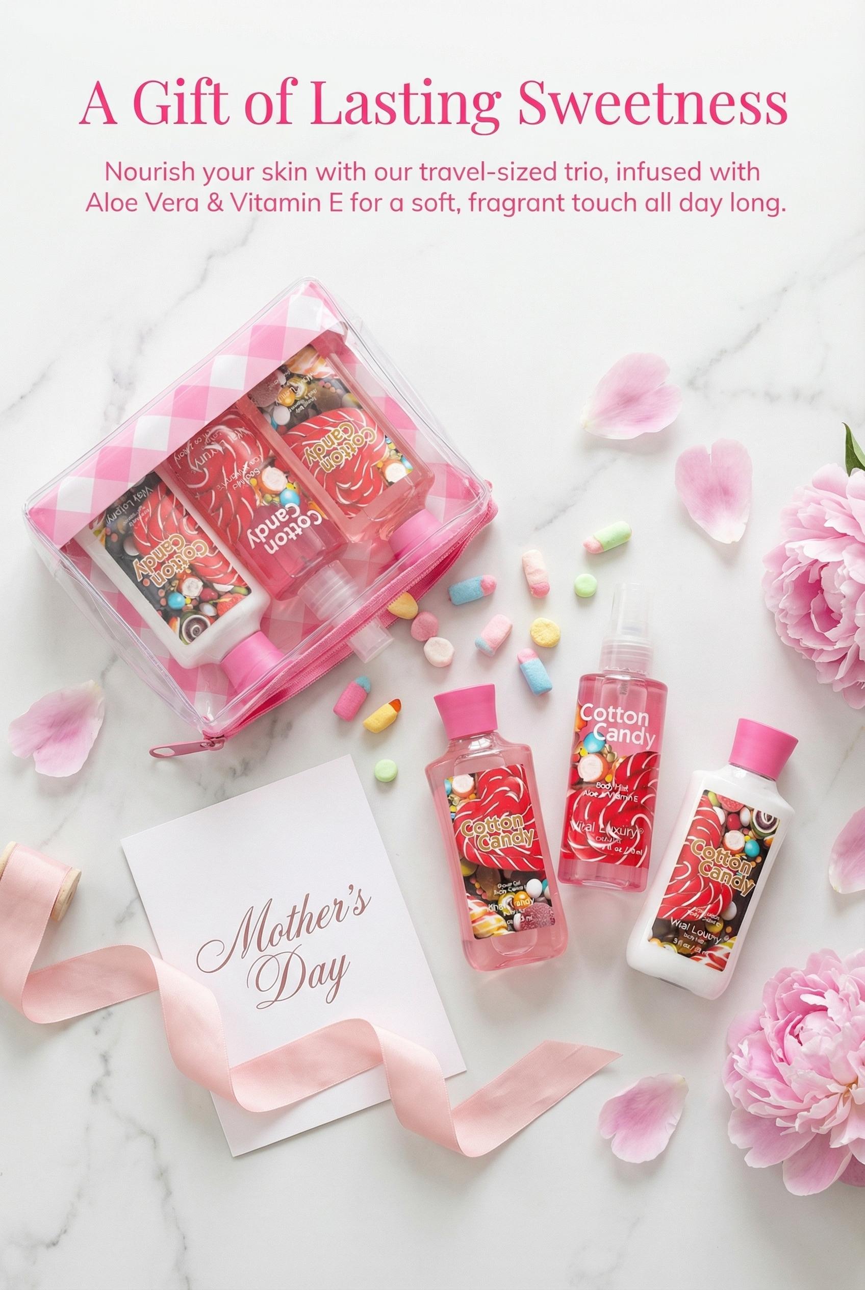 Mother's Day Gift-Vital Luxury Cotton Candy Scented Bath-3 Travel Set - 3oz Shower Gel,3oz Body Lotion, 3oz Body Mist & 2.5oz Bath Salts | SilkyLather, All-Day Freshness, Intense Moisture | Ideal Gift forMom, Wife, Sister & Girlfriend