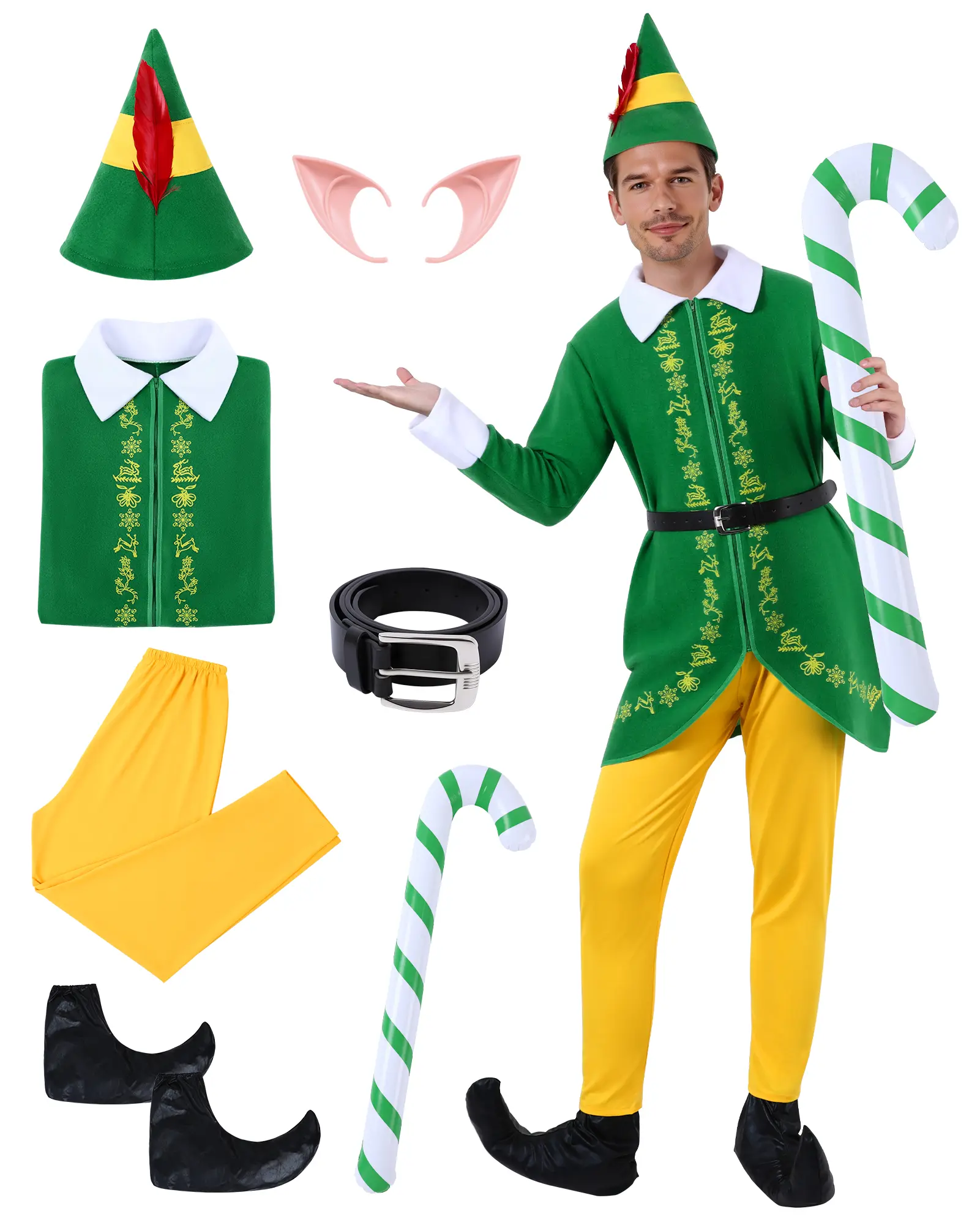 Men's Christmas Elf 7-Piece Menswear Costume Set - Knitting Polyester Knit Asymmetrical Zip Attire, Hat, Shirt, Pants, Shoes, Belt, Elf Ears, Inflatable Cane for Party Events, Festive Attire, Party Costume, Photo Opportunities, Character Costumes