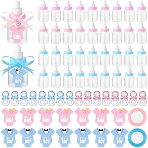 162 Pcs Gender Reveal Baby Shower Favors 48 Mini Milk Bottles Plastic Baby Candy Bottle 48 Mini Pacifiers Tiny Plastic Pacifiers 64 Pcs It's a Boy Girl Gender Reveal Stickers 2 Roll Ribbon