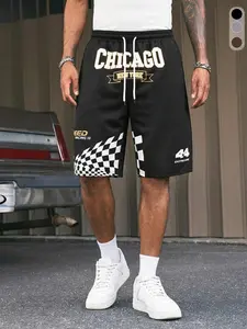 American city letter print athletic shorts, checkerboard panel design, drawstring elastic waistband, loose and breathable, trendy and versatile, summer bestseller, high-street brand style, for fitness, running, and everyday wear
