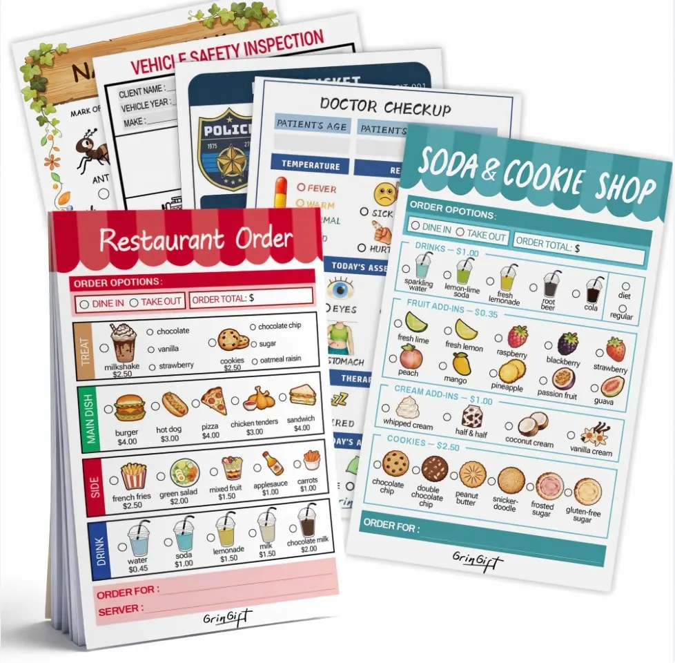 Kids' Cute Design Pretend Play Notepads - 4"×6" Small Hands-Friendly Paper Activity Pads with Vibrant Icons, Preschooler Homeschooling Teaching Supplies Learning Tool for Doctor/Restaurant Roleplay, Elementary School Homeschool Materials