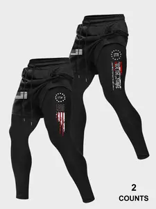 Men's Sport Athleisure Pants Flag Series Pattern Print, 2 Piece Set Fitted Elastic Drawstring Long Pants, Running Training Sports Fitness Active Gym Pants Athletic Bottoms Fitness Trousers