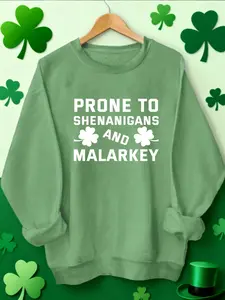 Saint Patrick's Day Funny Slogan Women's Round Neck Long Sleeve Sweatshirt, Casual Fitted Graphic Pullover for Fall & Winter, Trendy Ladies' Top