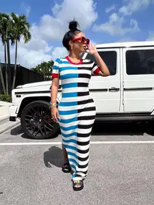 Women's Colorblock Striped Print Split Side Tee Dress, Dresses for Women, Casual Style Short Sleeve Round Neck Long Dress for Daily Outdoor Wear, Dress in Club, Dresses for Women, Ladies Clothes for All Seasons, Soft Classy Polyester Dresses, Womenswear