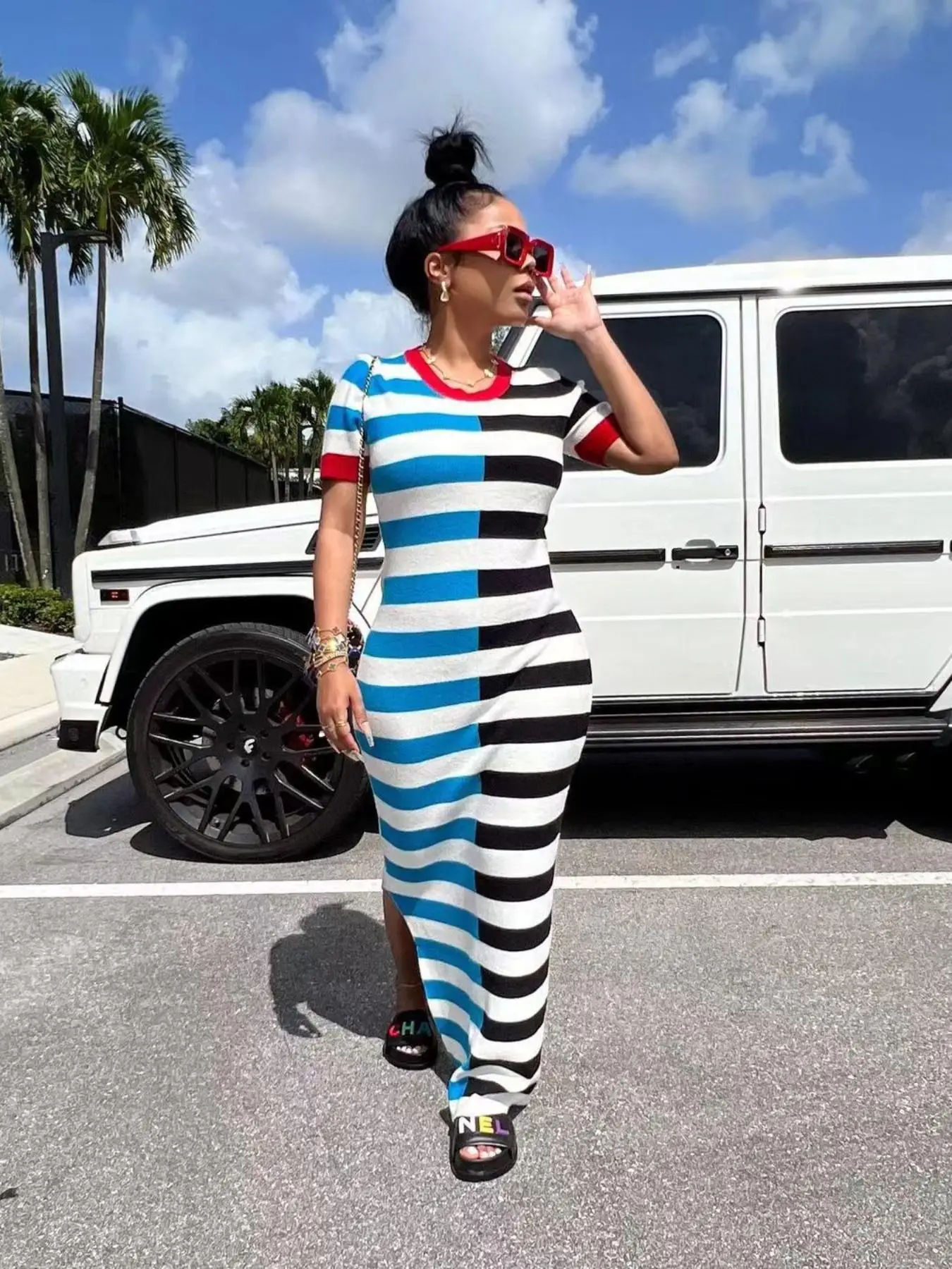 Women's Colorblock Striped Print Split Side Tee Dress, Dresses for Women, Casual Short Sleeve Round Neck Long Dress for Daily Outdoor Wear, Dress in C