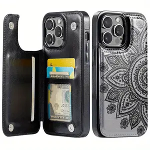 Mandala Lace Flower Pattern Leather Card Holder Phone Case, Suitable for iPhone 17 Air/16 Plus/15 Pro Max/14 Pro/13/12/11/XS Max/X Phone Case, Ideal Gift for Family, Friends, Lovers, Boyfriend, Girlfriend for New Year and Christmas