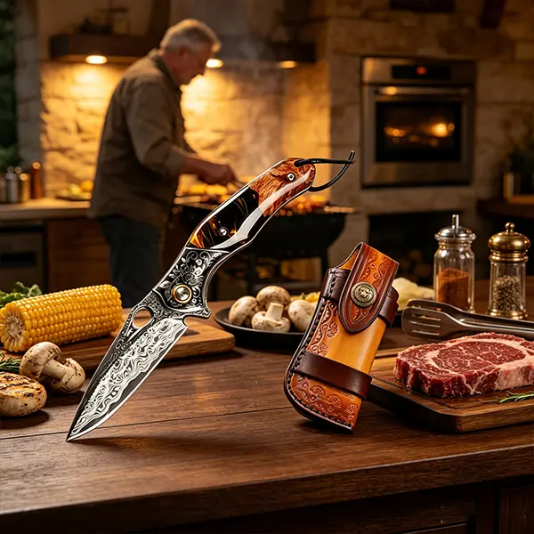 Handmade Damascus kitchen knife, wooden handle, with leather sheath, suitable for kitchen use, multipurpose home use