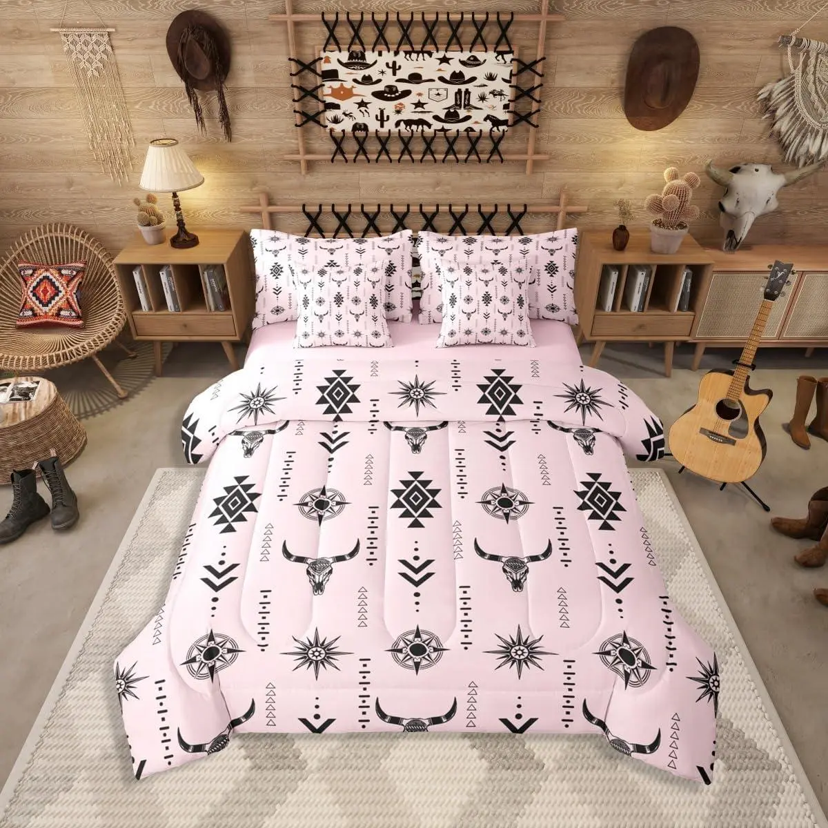 Rustic Bull Skull 7 Pieces Bedding Set,Ethnic Western Aztec Bed Bag,Geometric Diamond Bed Set,Includes Comfortersheet Set,Pillowcases  Bed Set, Bedroom Bedding Set, Decorative Bedding Set