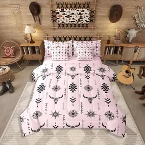 Rustic Bull Skull 7 Pieces Bedding Set,Ethnic Western Aztec Bed Bag,Geometric Diamond Bed Set,Includes Comfortersheet Set,Pillowcases  Bed Set