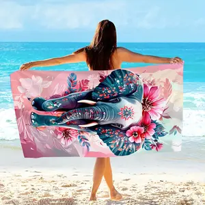 1 Colorful Floral Elephant Beach Towel - Soft and lightweight, featuring a vibrant teal elephant paired with a soft floral pattern, perfect for the beach, pool, yoga, and camping - Machine washable, quick-drying, and highly decorative