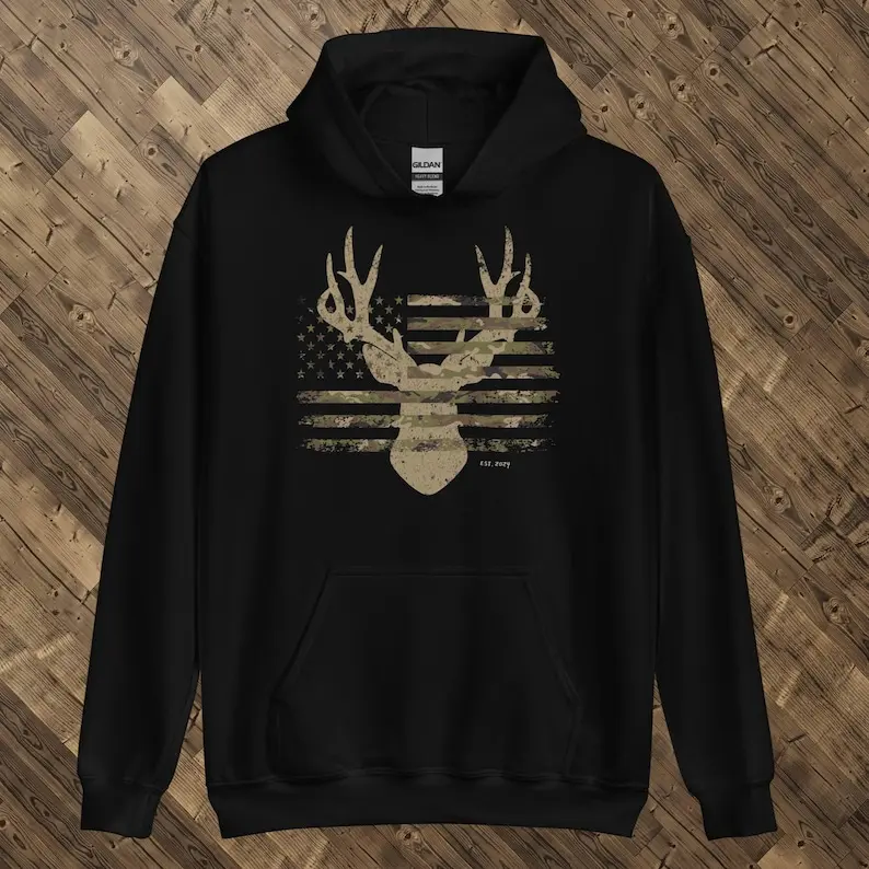 Gildan Women's Buck Camo U.S. Flag Graphic Hoodie - Casual Fabric, Outdoor Sweatshirt, Personalized Gift For Patriots, Camo Lovers - KitchenEra