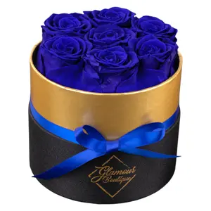 Lasting Beauty Round Black Gold Box | 7 Blue Roses Decor Decorative