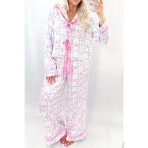 Pink Bow Wreath Pattern Christmas Holiday Bow Tie Front Pajama Set