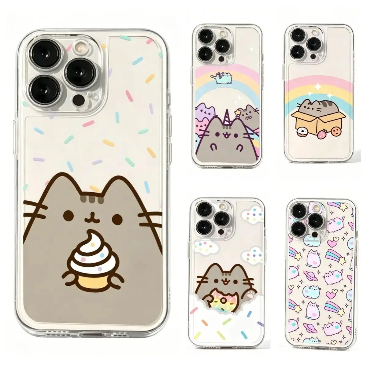 Pusheen the Cat Kawaii Ice Cream/Rainbow Phone Case  for iPhone 17, 16, 15, 14, 13, 12, 11 Pro Air Plus ProMax Transparent Protective Cover