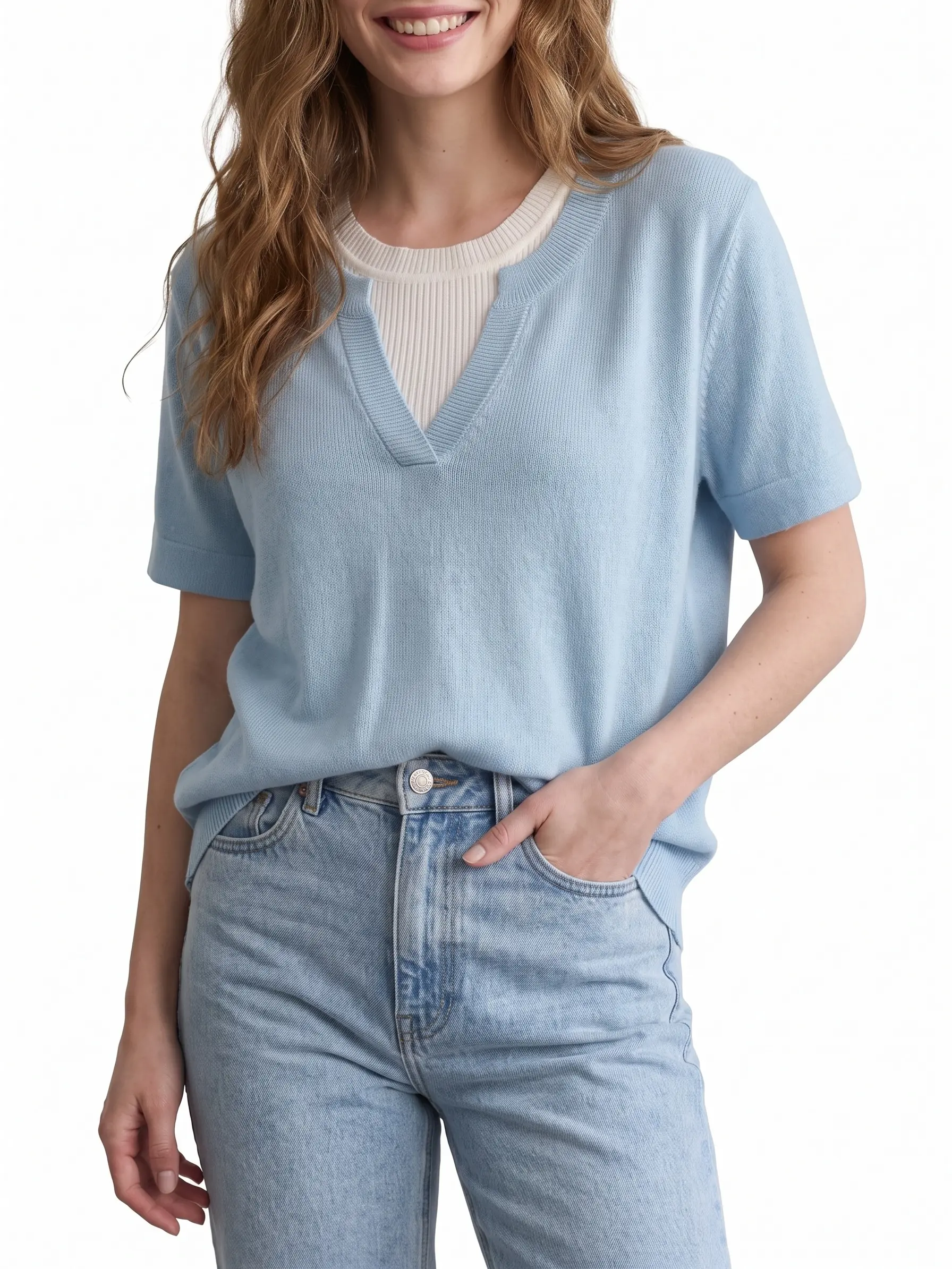 Shewin Women's Notch Neck Short-Sleeve Loose-Fit Solid Basic Knit Blouse, Casual Knitwear for Daily Wear DealsForYouDays,summerwins,summeroutfits,vacationoutfits,beachoutfits,back to school,back to school shopping