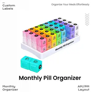 Monthly Pill Organizer Storage 1 Set Twice-a-Day AM/PM Design with Stickers for Vitamins Supplements Medicine Home Use