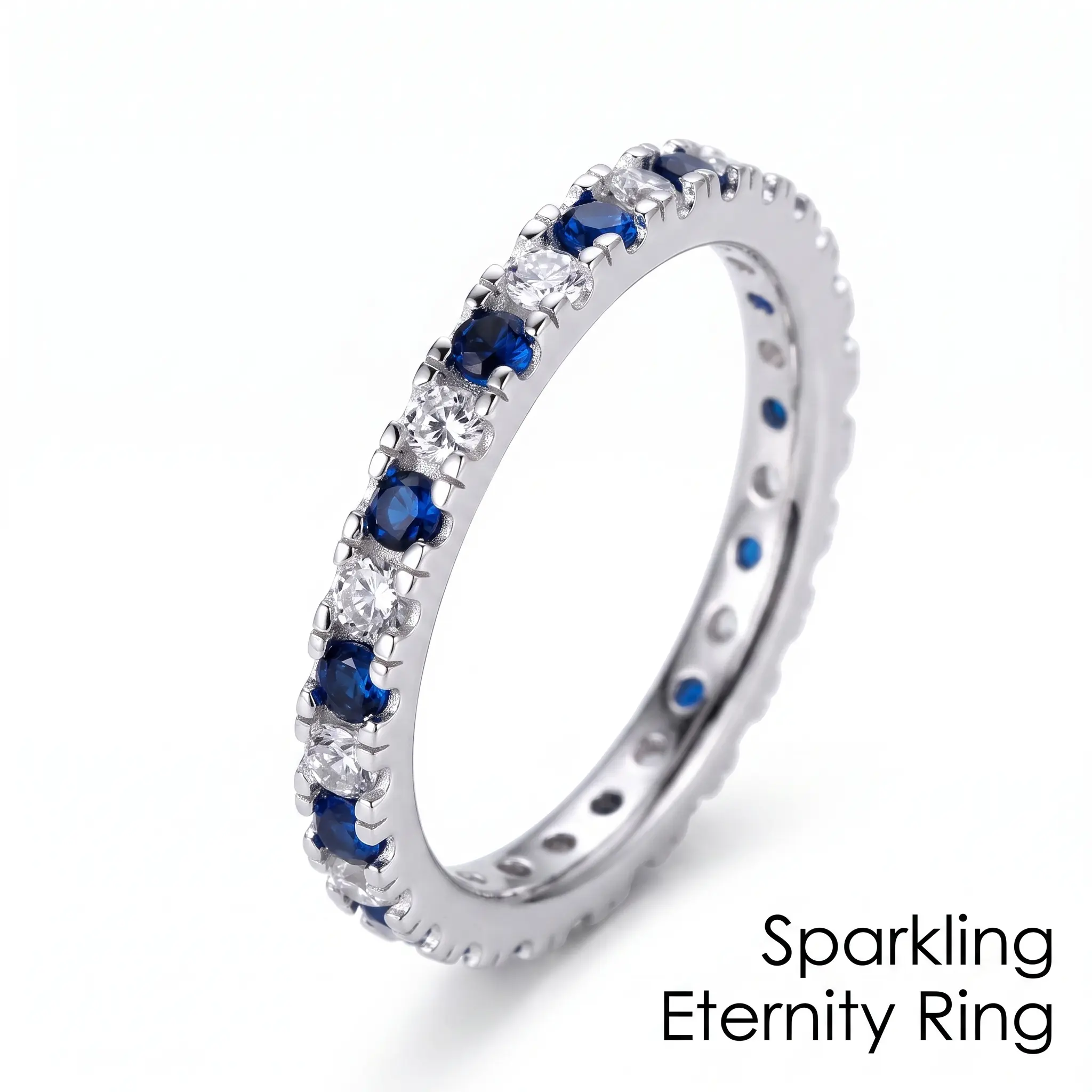 Sparkling Eternity Ring with Blue and Clear Stones Silver Tone Band